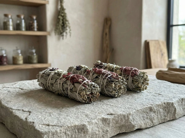 Three premium ceremonial-grade white sage (Salvia apiana) smudge sticks adorned with dried colorful botanicals, resting on a rustic stone slab for spiritual smoke cleansing and antimicrobial atmospheric purification.