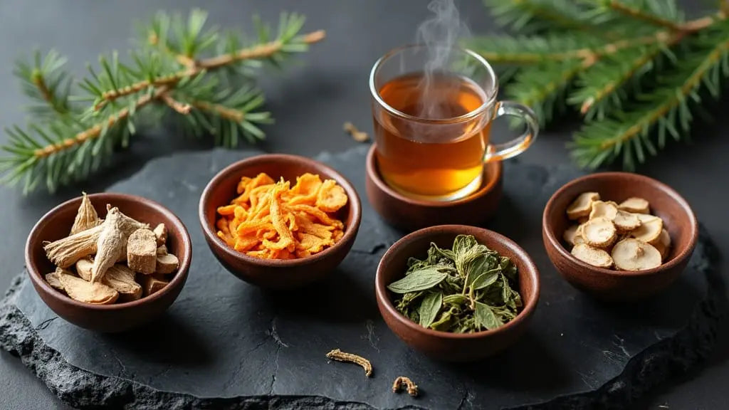 Four adaptogenic herbs for winter wellness - ashwagandha, astragalus, tulsi, and reishi arranged in bowls with winter botanicals