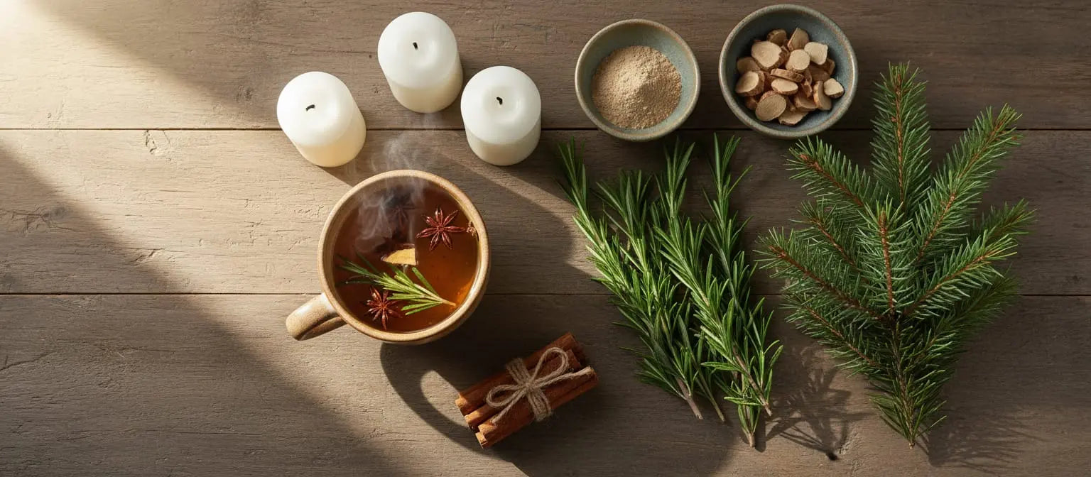 Winter herbal ritual setup featuring rosemary, cinnamon, pine branches, and adaptogenic herbs with steaming tea on wooden table