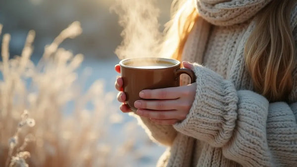 Close up of woman's hands holding winter herbal tea.