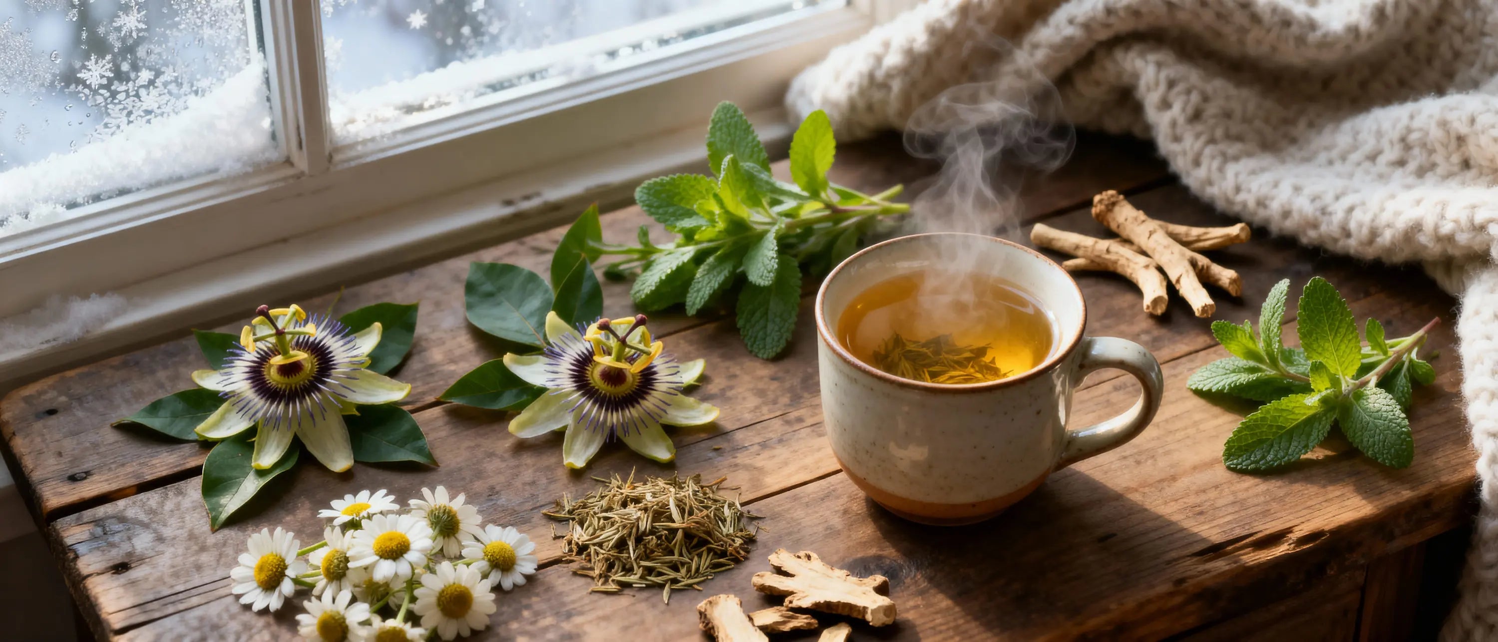 Winter nervine tea ritual with chamomile, passionflower, lemon balm, and ashwagandha root for stress and sleep support