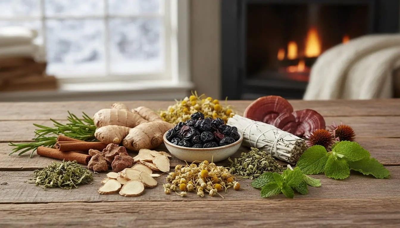 Top 12 winter wellness herbs including elderberries, ginger root, astragalus, and reishi mushrooms arranged on wooden surface with snow