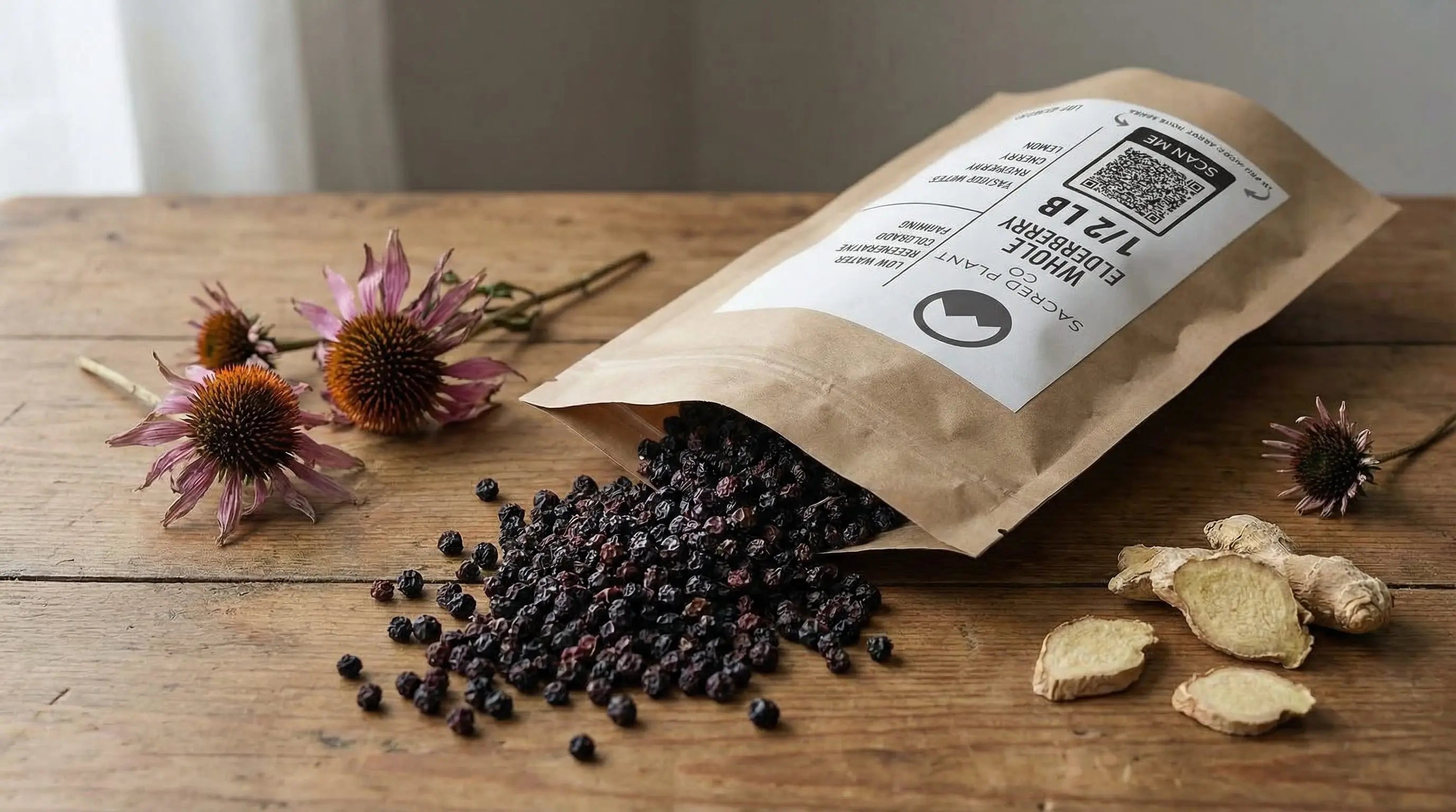 Hero image sacred plant co elderberries pouring out near ginger.