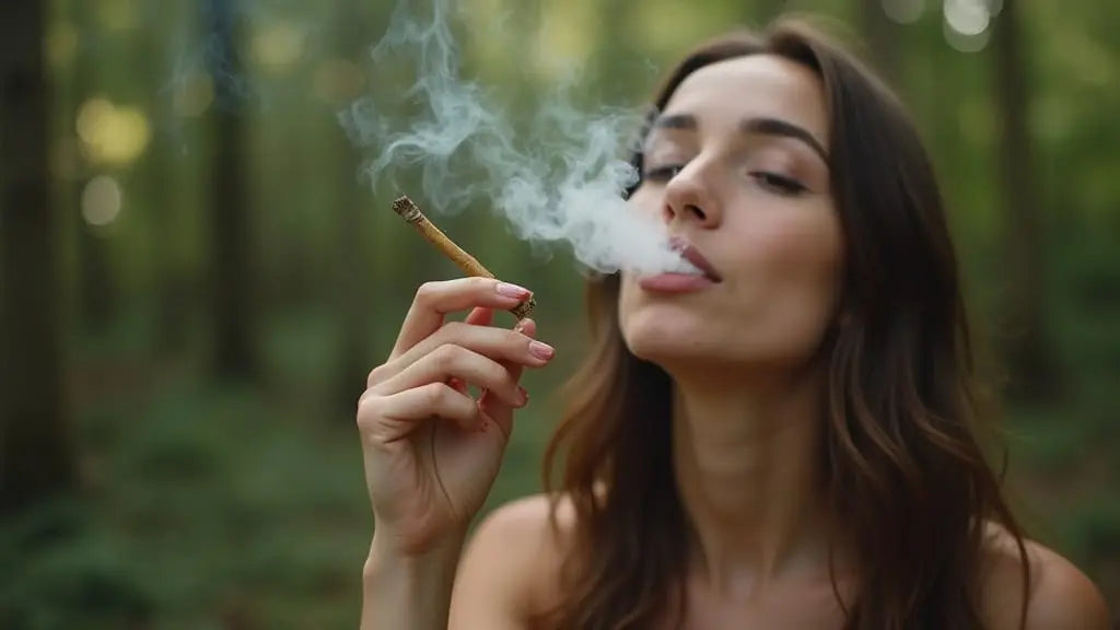 Woman exhaling Osha root herbal smoke outdoors in a forest setting