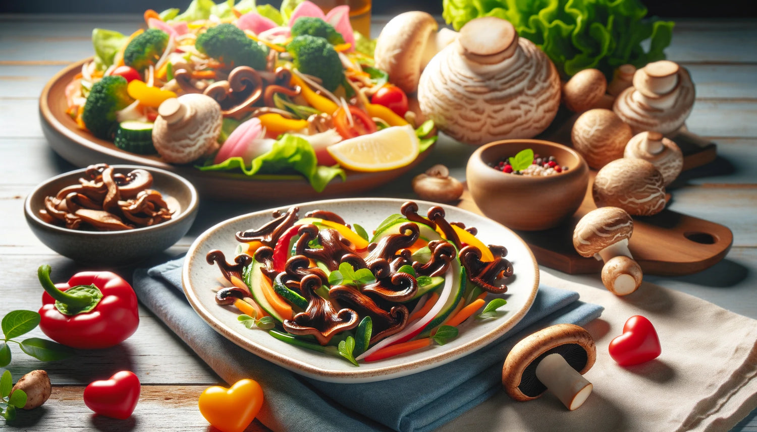 Heart-Healthy Meal with Wood Ear Mushrooms: The image features a nutritious dish incorporating Wood Ear Mushrooms, highlighting their role in enhancing flavors and textures, and showcasing their health benefits.