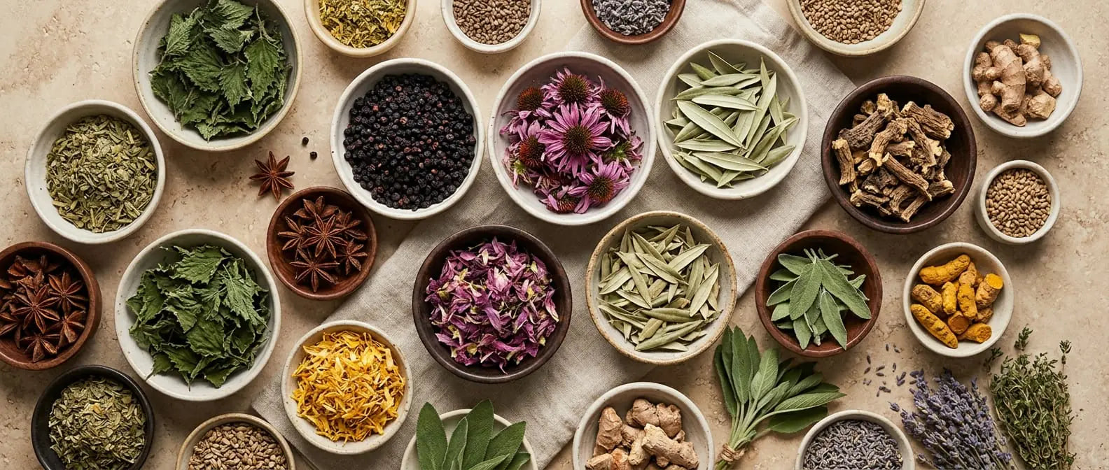 Elderberry, echinacea, olive leaf and lemon balm heaped in small bowls, from Sacred Plant Co.