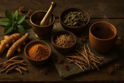Ayurvedic herbs collection showcasing traditional Indian botanical medicines used for balancing doshas and promoting holistic wellness