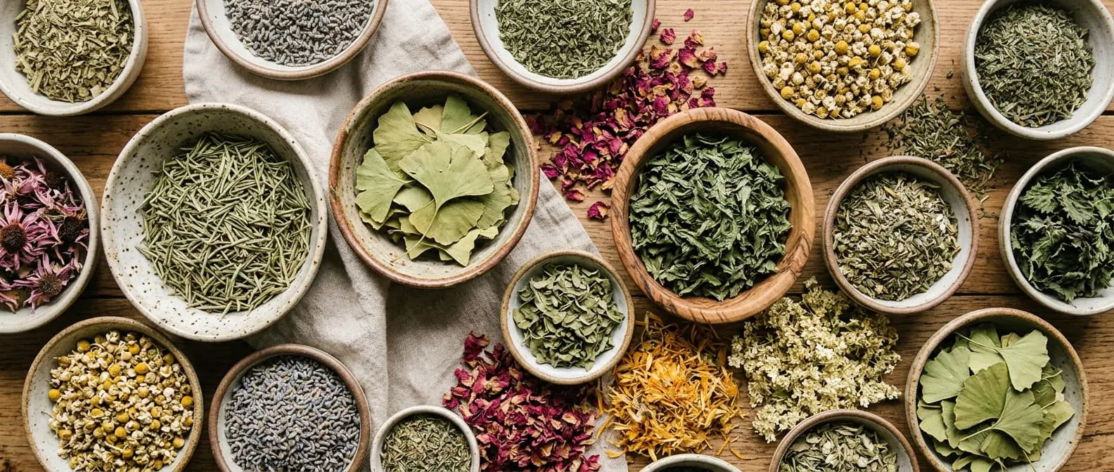 Rosemary, ginkgo leaves, bacopa and peppermint heaped in small bowls, from Sacred Plant Co.