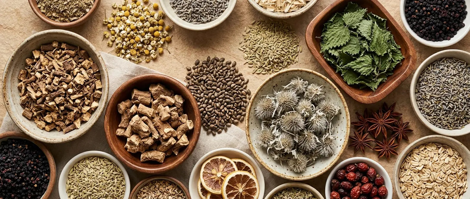Dandelion and burdock roots, milk thistle and nettle heaped in small bowls, from Sacred Plant Co.