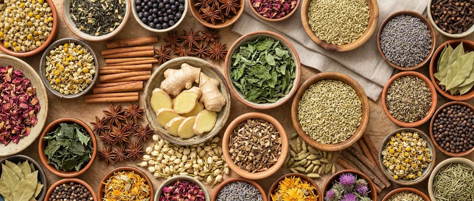 Ginger root, mint, fennel seeds and dandelion root heaped in small bowls, from Sacred Plant Co.