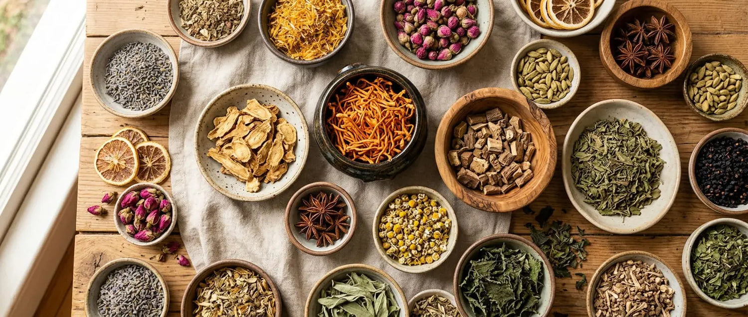 Ginseng root, cordyceps, eleuthero and tulsi heaped in small bowls, from Sacred Plant Co.