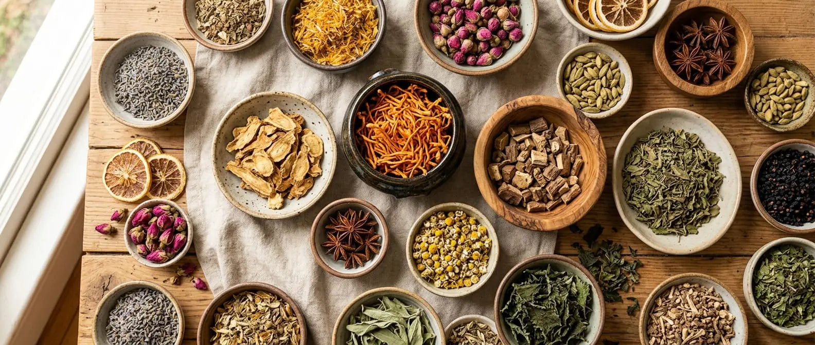 Ginseng root, cordyceps, eleuthero and tulsi heaped in small bowls, from Sacred Plant Co.