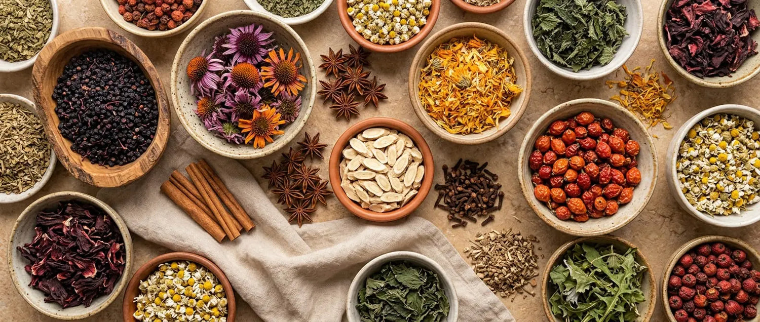 Elderberries, echinacea, astragalus root and rosehips heaped in small bowls, from Sacred Plant Co.