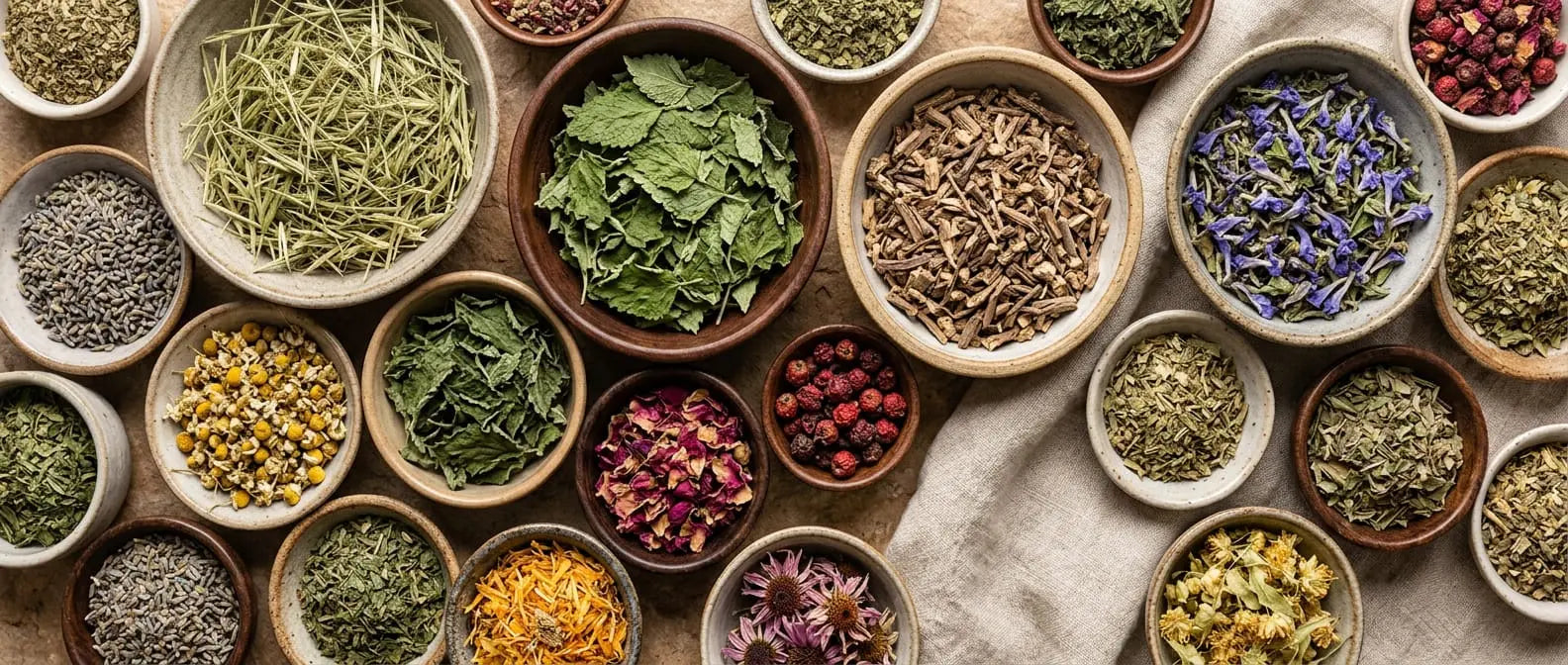 Valerian root, lemon balm, oat straw and skullcap heaped in small bowls, from Sacred Plant Co.