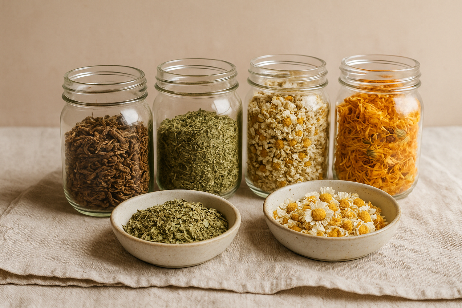 A photograph showcases herbs for nerve regeneration and nervous system support—dried valerian root, lemon balm, chamomile, and calendula neatly stored in glass jars on linen cloth.