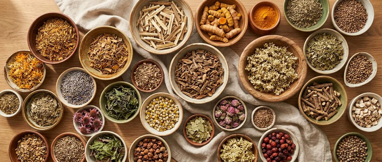 Willow bark, turmeric root, cramp bark and meadowsweet heaped in small bowls, from Sacred Plant Co.