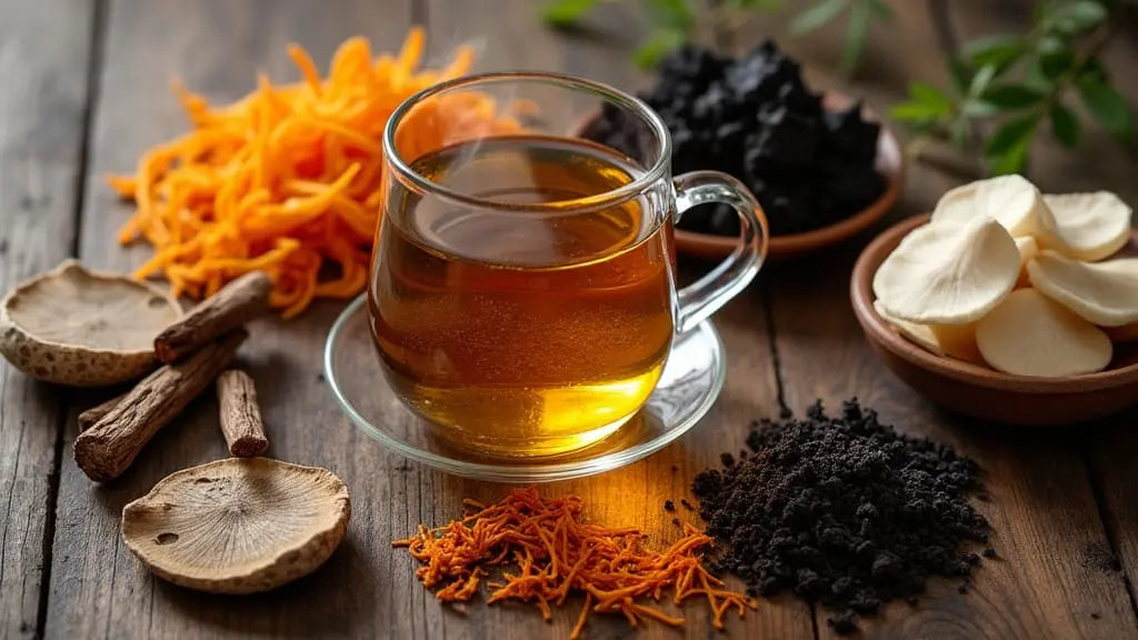 Glass cup of golden mushroom tea surrounded by dried Reishi slices, Cordyceps strands, Chaga chunks, and Wood Ear mushrooms on rustic wood – Sacred Plant Co collection