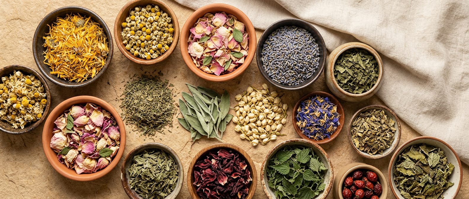 Calendula petals, chamomile and rose petals heaped in small bowls, from Sacred Plant Co.