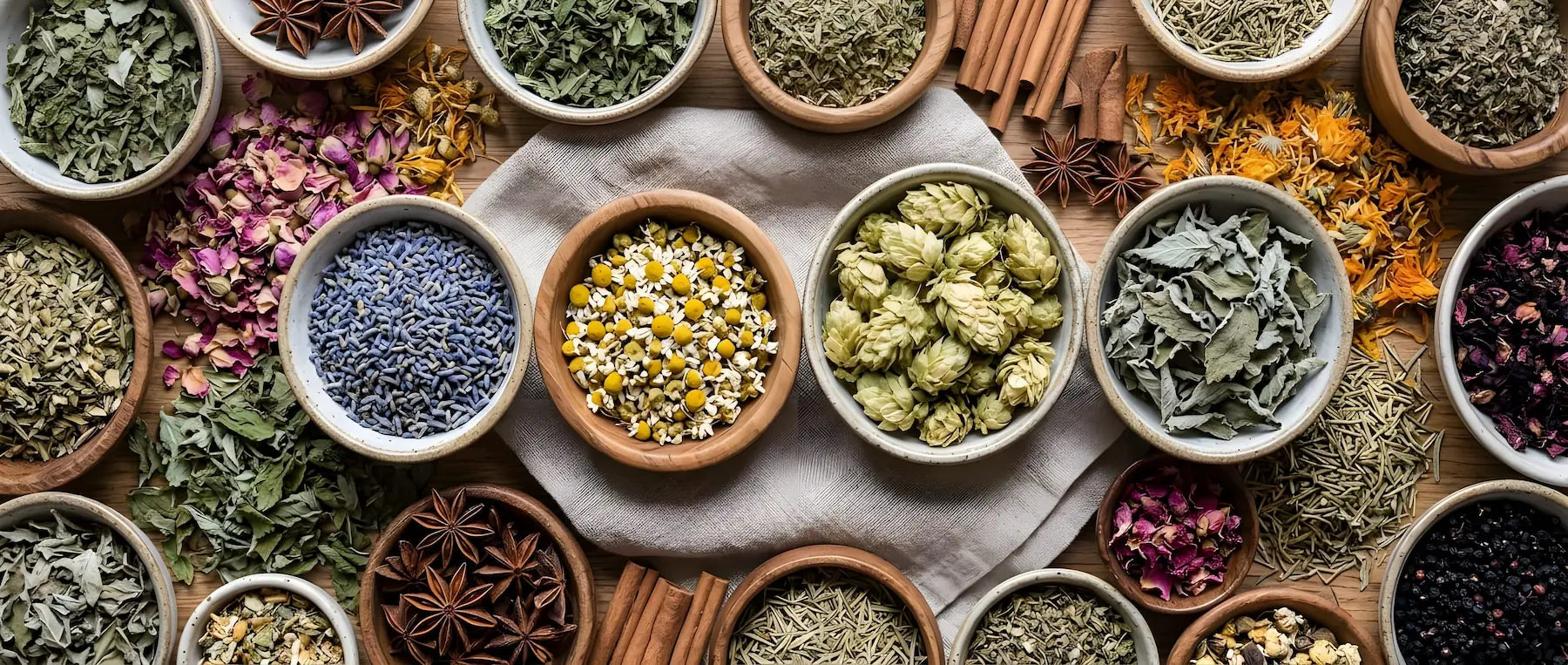 Dried lavender, chamomile, hops and lemon balm heaped in small bowls, from Sacred Plant Co.