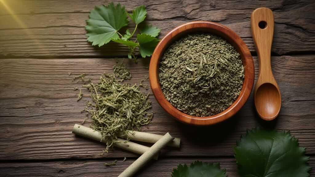Top-down view of a wooden table featuring a small wooden bowl filled with finely ground green smokable herb powder, loose shredded herb beside it, a wooden spoon, and fresh green leaves arranged around.