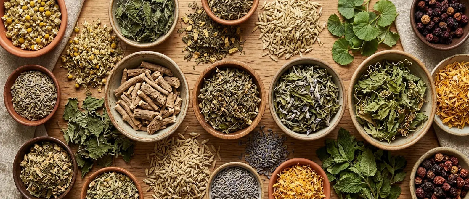 Ashwagandha root, holy basil, skullcap and passionflower heaped in small bowls, from Sacred Plant Co.