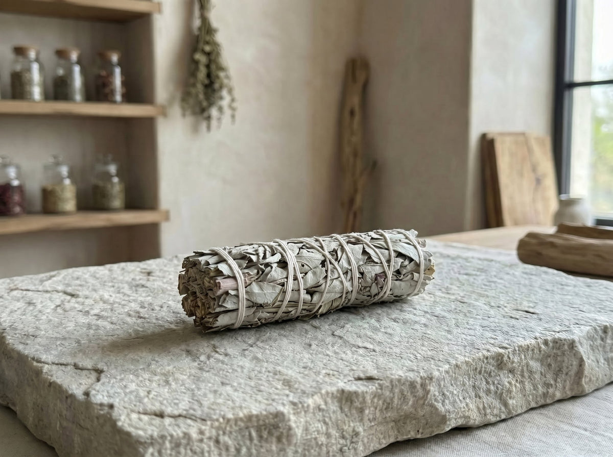 White sage smudge stick on a stone slab in an herbal apothecary