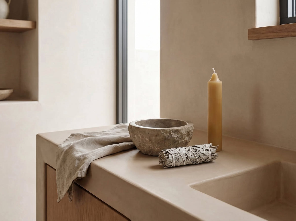 White sage smudge stick beside a stone bowl and beeswax candle