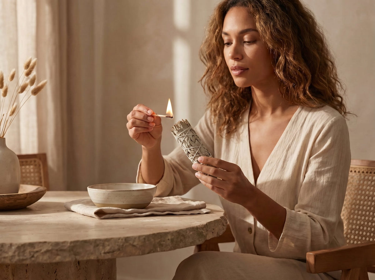 Woman lighting a white sage smudge stick with a wooden match