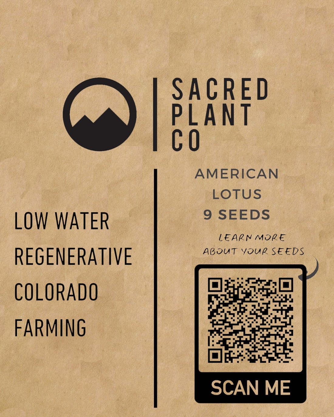 American Lotus 9-seed packet from Sacred Plant Co featuring regenerative Colorado farming practices and a QR code to learn more about growing Nelumbo lutea.