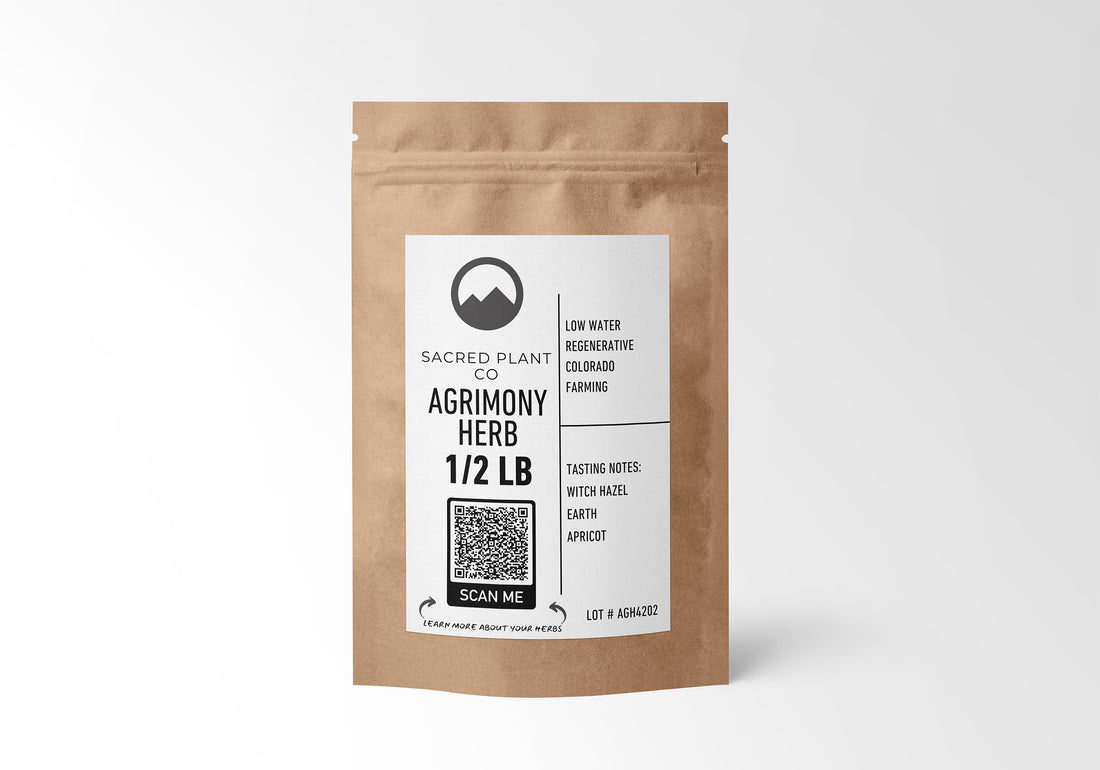 Sacred Plant Co Agrimony Herb 1/2 LB packaged in sustainable kraft paper, used to support digestive health and skin care, with tasting notes of Witch Hazel, Earth, and Apricot, focusing on eco-friendly farming and health benefits.