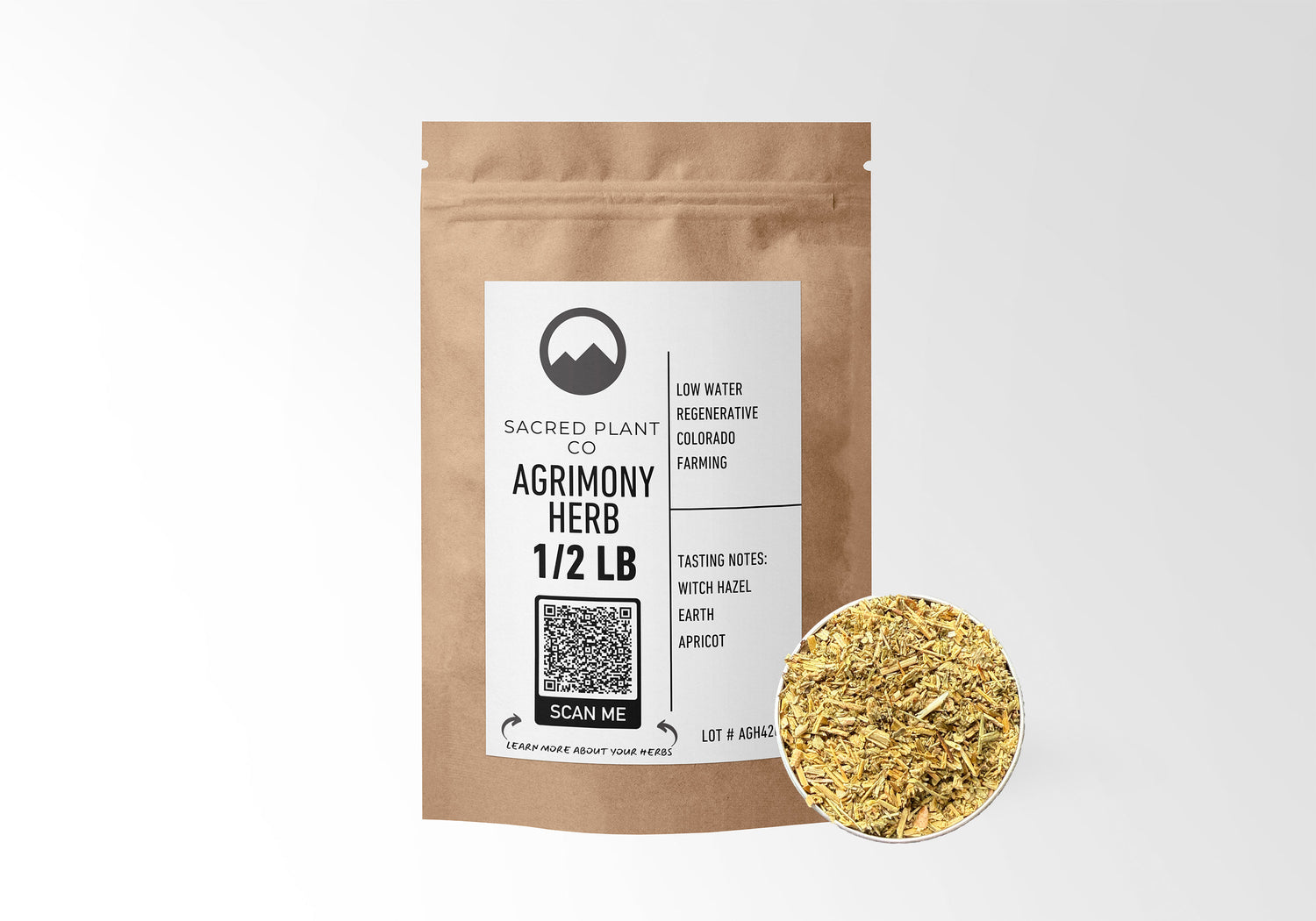 Sacred Plant Co Agrimony Herb 1/2 LB in eco-friendly kraft paper packaging with a sample in a silver tin, ideal for promoting digestive health, soothing the throat, and supporting liver wellness.