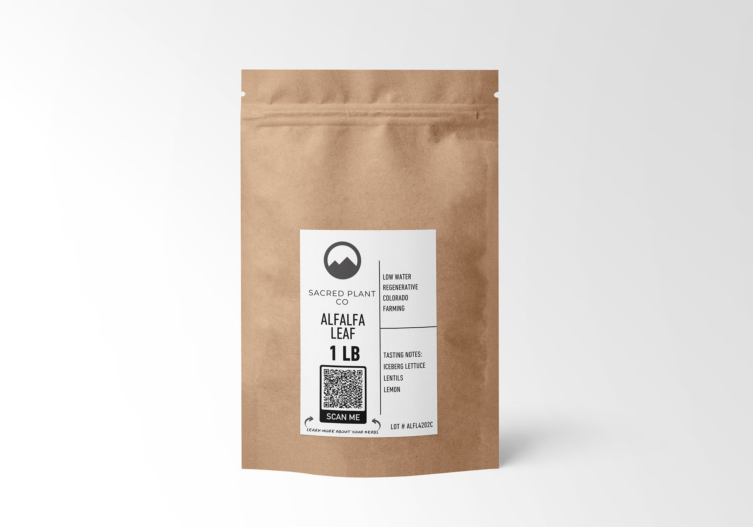 &quot;1 LB Alfalfa Leaf in eco-friendly kraft paper packaging by Sacred Plant Co, sustainably farmed in Colorado, supporting natural health and wellness.&quot;