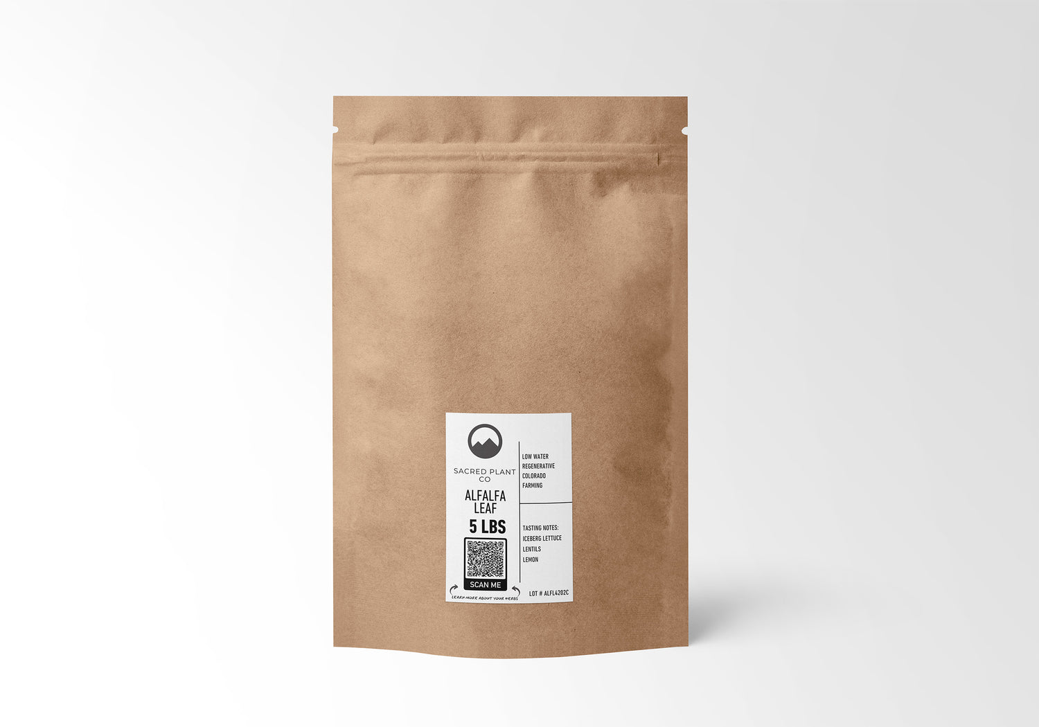 &quot;Eco-friendly kraft paper bag containing 5 LBS of premium Sacred Plant Co Alfalfa Leaf, sustainably farmed in Colorado. Rich in vitamins and minerals, ideal for natural health remedies.&quot;