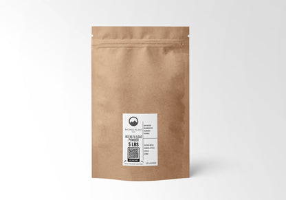 5 LBS Alfalfa Leaf Powder in eco-friendly kraft packaging by Sacred Plant Co, sustainably sourced from low-water regenerative farming. Perfect for adding to smoothies, teas, and health supplements.