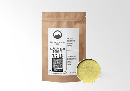Sacred Plant Co Alfalfa Leaf Powder 1/2 LB in eco-friendly kraft paper packaging, highlighting the use of herb for rich vitamin and mineral supplementation, sample in a silver tin.