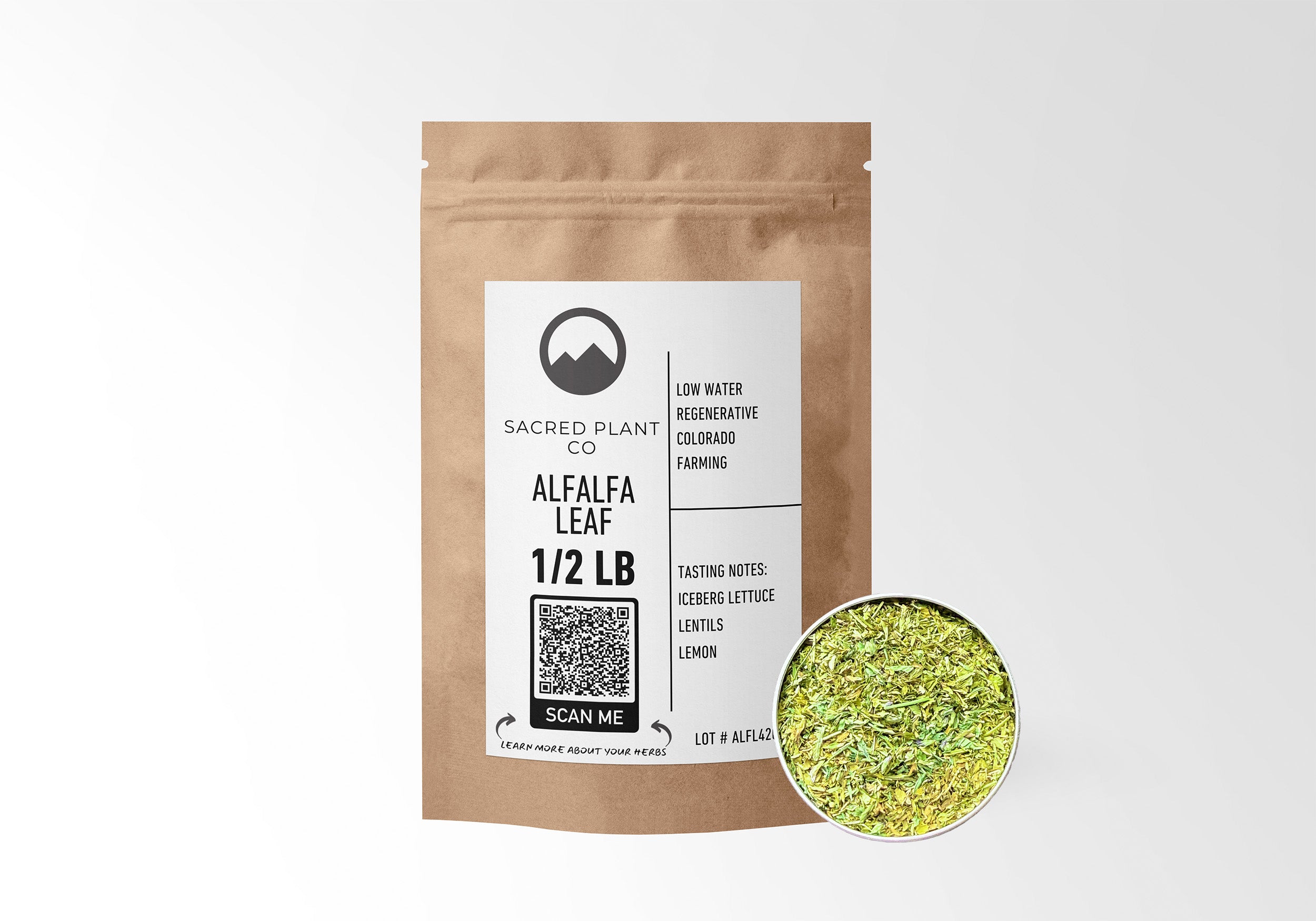 Sacred Plant Co Alfalfa Leaf 1/2 LB in kraft paper packaging with a sample of herb in a silver tin, highlighting its use for nutritional supplementation and high quality.