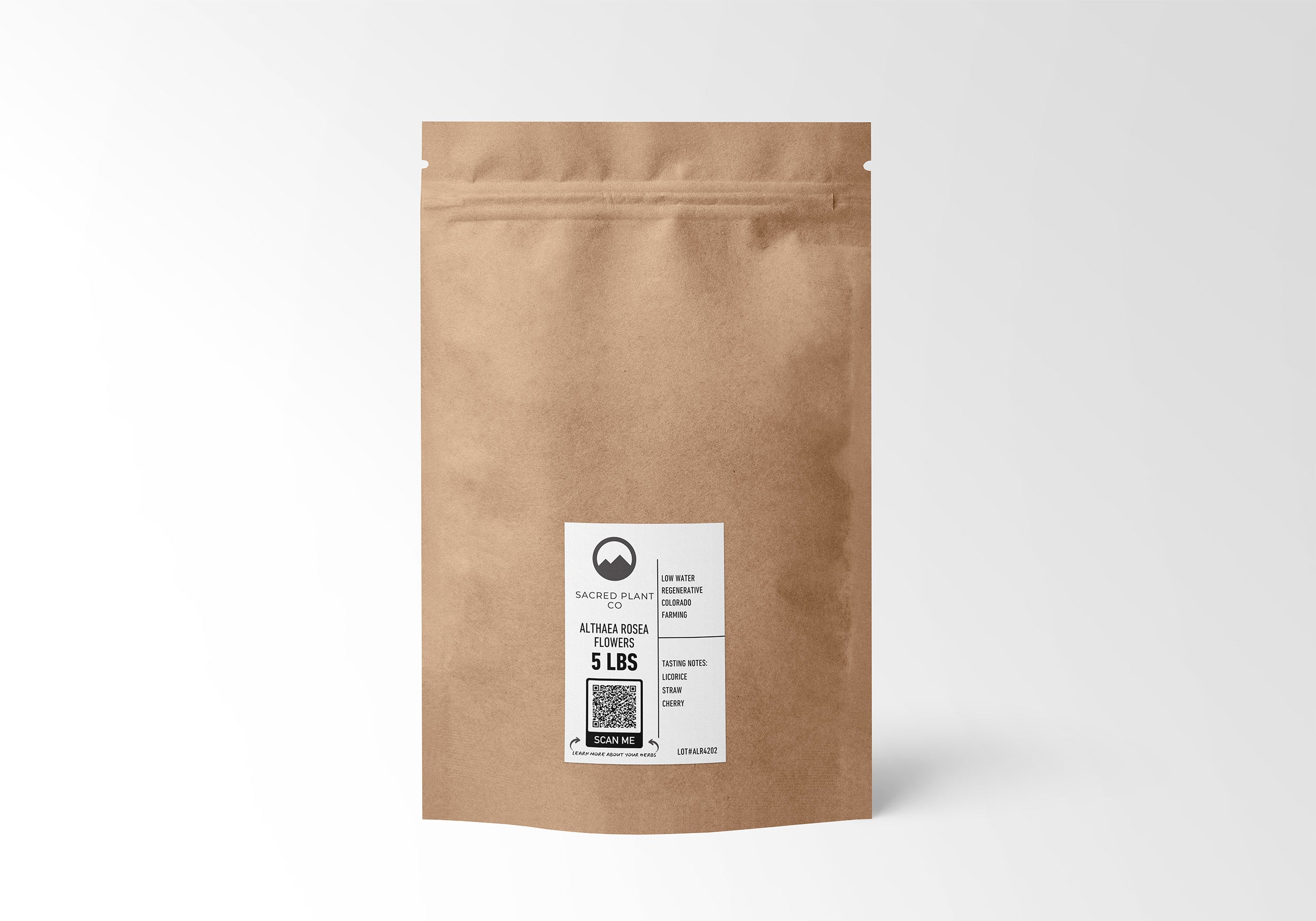 &quot;5 LBS kraft bag of high-quality Althaea Rosea flowers from Sacred Plant Co, sustainably grown with eco-friendly packaging, used for soothing herbal teas and wellness infusions.&quot;