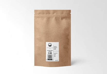 5 LBS kraft bag of high-quality Althaea Rosea flowers from Sacred Plant Co, eco-friendly packaging, used for soothing herbal teas and wellness infusions.