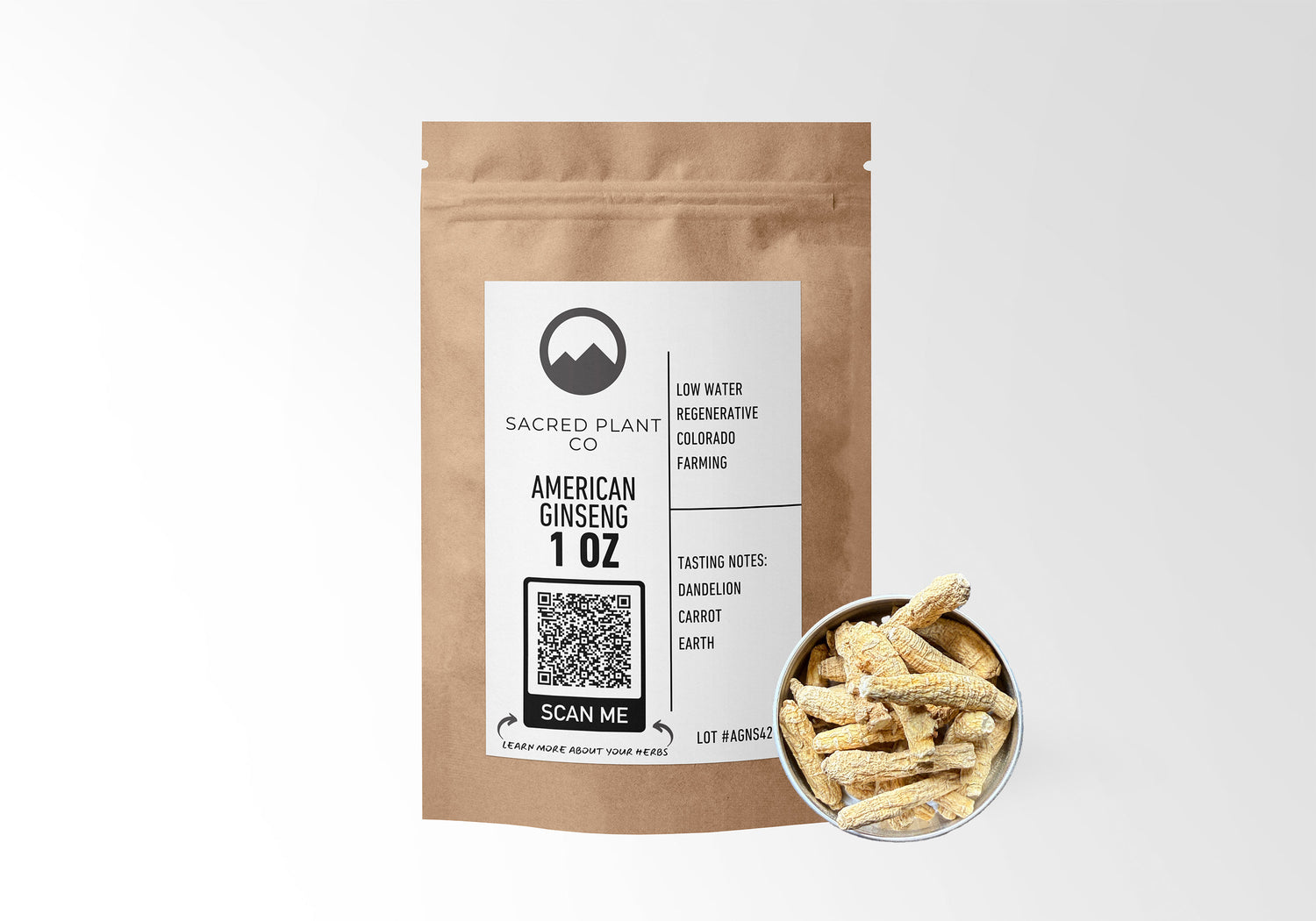 Sacred Plant Co American Ginseng 1 OZ in kraft paper packaging with a sample in a silver tin, used for supporting energy, boosting immunity, and promoting overall vitality.
