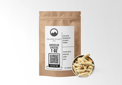 Sacred Plant Co American Ginseng 1 OZ in kraft paper packaging with a sample in a silver tin, used for supporting energy, boosting immunity, and promoting overall vitality.