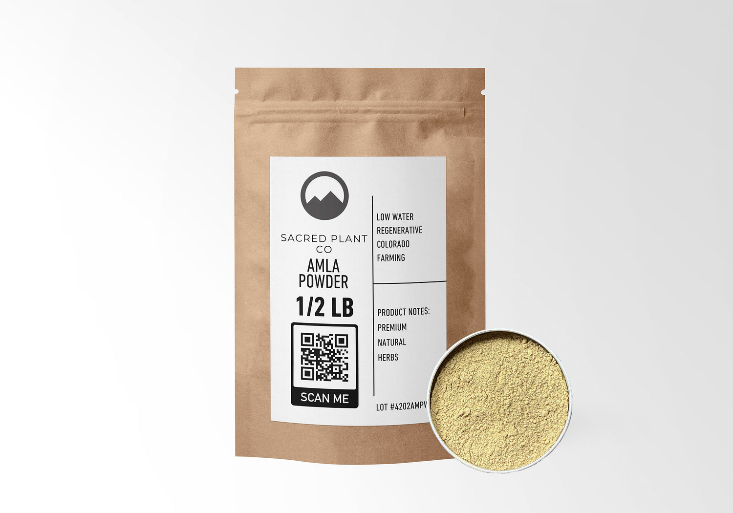 Sacred Plant Co Amla Powder 1/2 LB in eco-friendly kraft paper packaging, highlighting the use of herb for natural antioxidant and vitamin C-rich supplementation, sample in a silver tin.