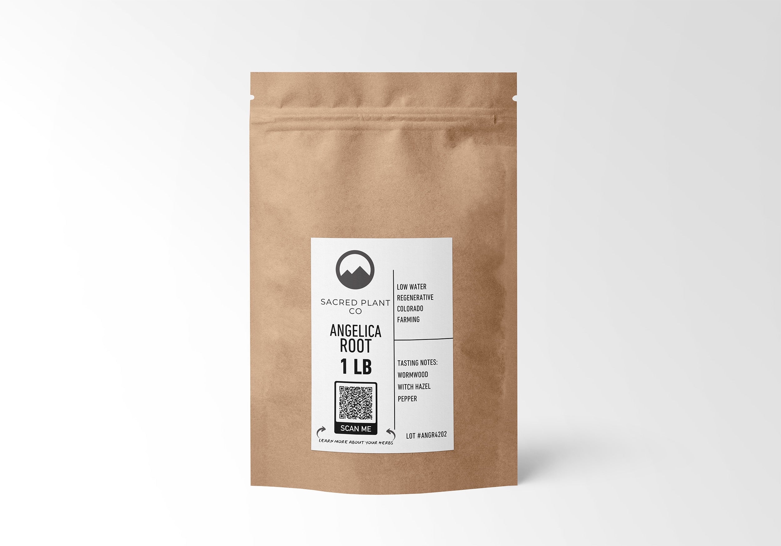 Sustainably packaged 1 LB kraft paper bag of Angelica Root from Sacred Plant Co, offering premium herbal support for digestive and respiratory health.