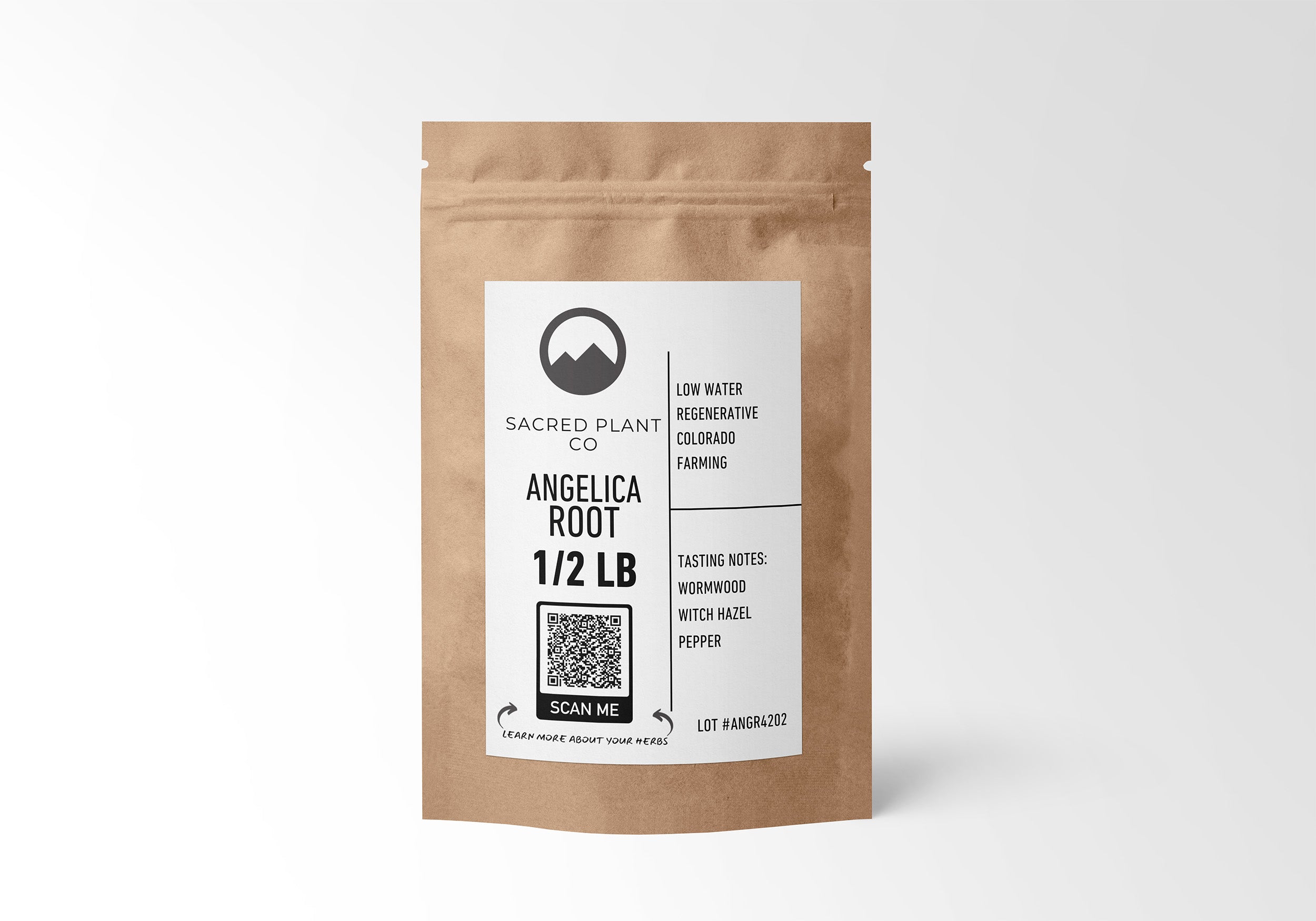 Half-pound kraft paper bag of Angelica Root by Sacred Plant Co, known for its aromatic qualities and benefits to respiratory and digestive systems.