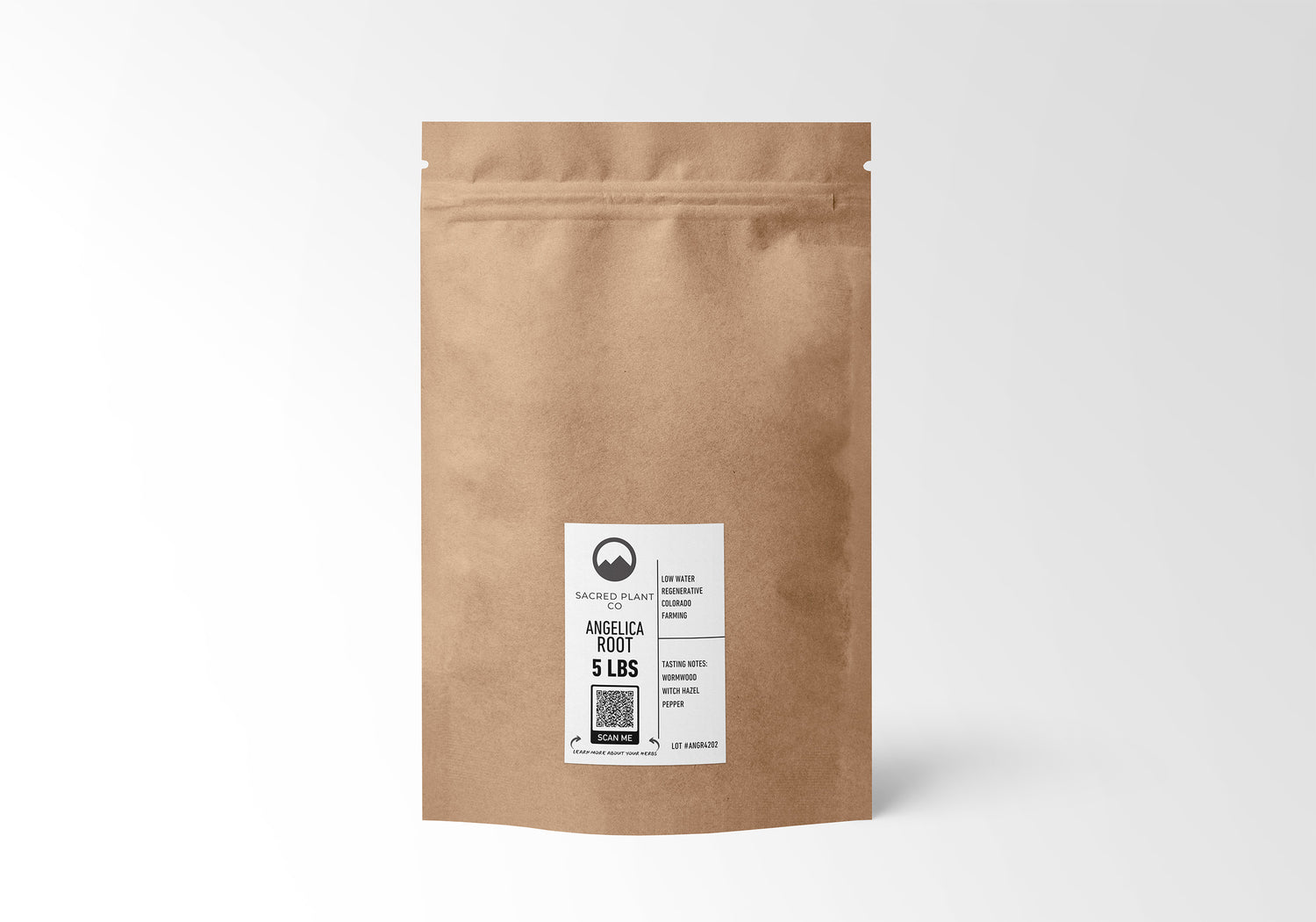 &quot;Eco-friendly 5 LBS kraft paper bag of Angelica Root from Sacred Plant Co, sustainably grown with rich, aromatic herbal benefits for digestion and wellness.&quot;