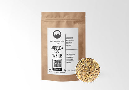 Sacred Plant Co Angelica Root 1/2 LB kraft paper packaging with sample in silver tin showcasing sustainably grown herb for use of supporting traditional wellness practices.