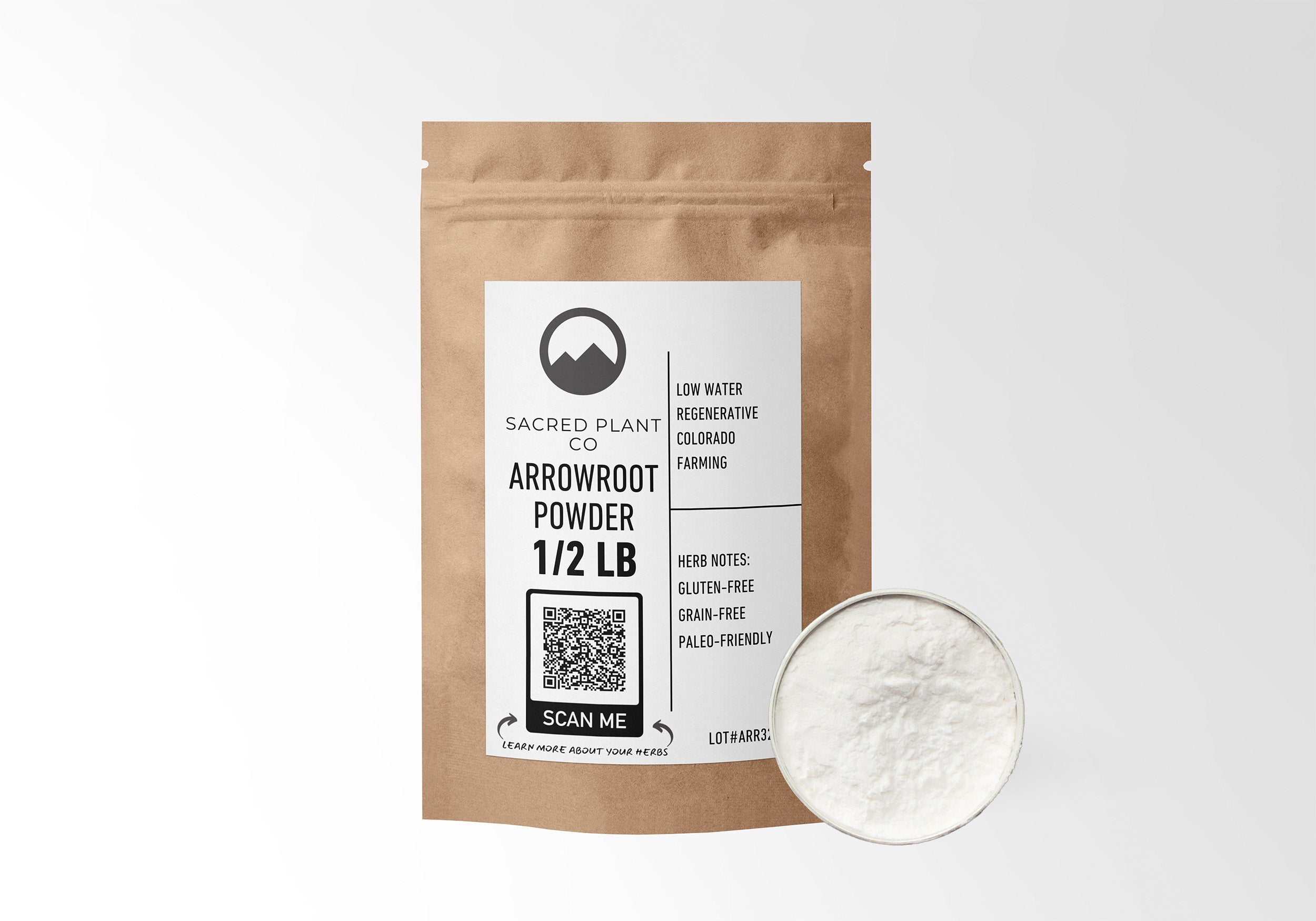 Sacred Plant Co Arrowroot Powder 1/2 LB in eco-friendly kraft paper packaging, highlighting the use of herb for gluten-free and paleo-friendly cooking, sample in a silver tin.