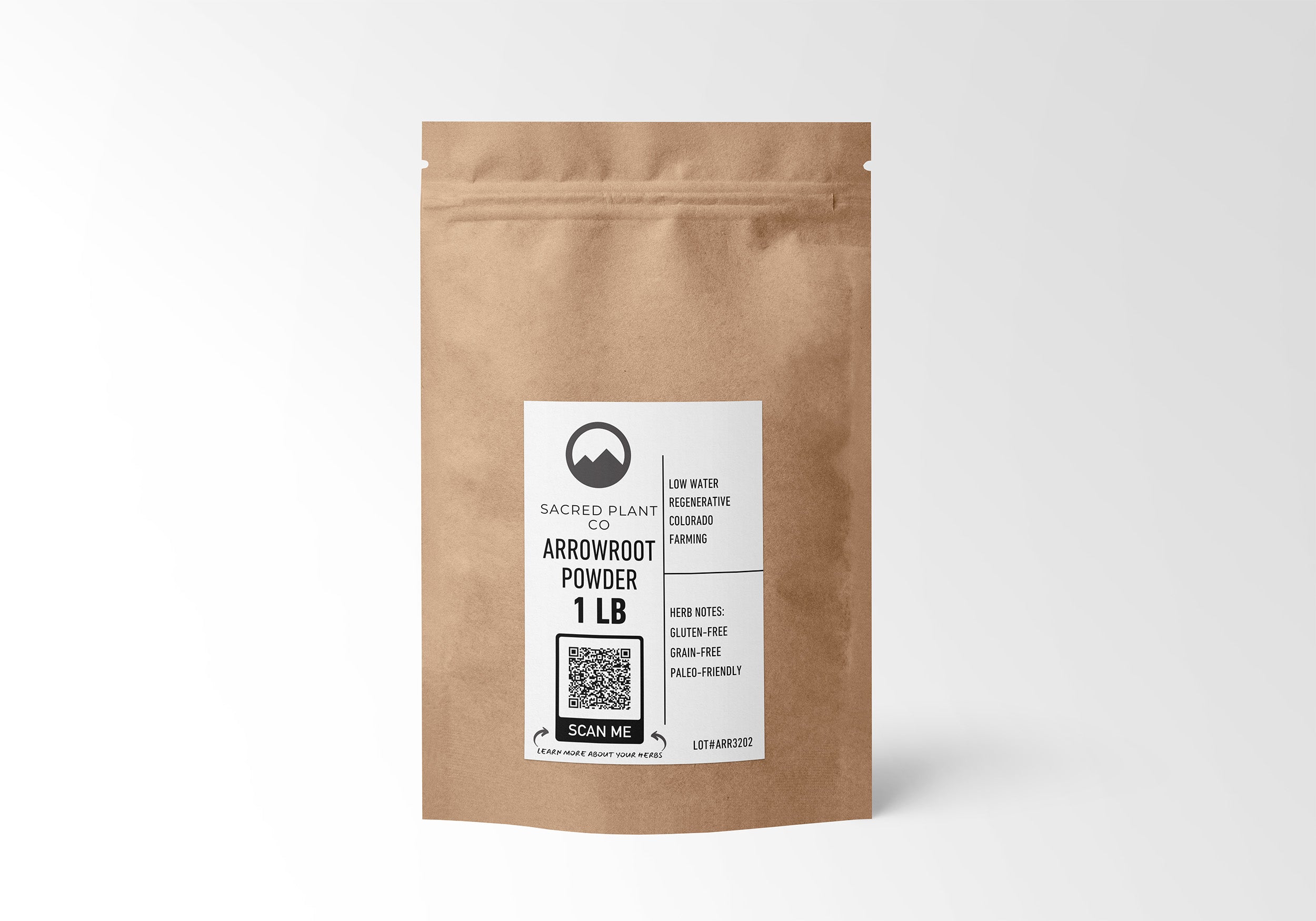 &quot;Eco-friendly kraft paper bag of 1 LB Arrowroot Powder from Sacred Plant Co, ideal for paleo diets, gluten-free, and grain-free.&quot;