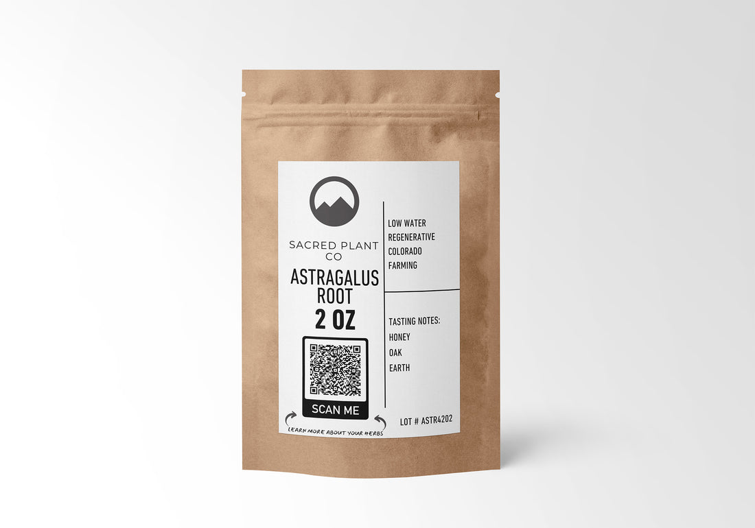 Sacred Plant Co Astragalus Root 2 OZ in eco-friendly kraft paper packaging, sustainably farmed for natural immune health benefits and overall wellness.