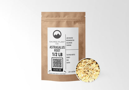 Sacred Plant Co Astragalus Root 1/2 LB kraft paper packaging with root sample in silver tin showcasing sustainably sourced astragalus root for immune support and adaptogenic benefits.