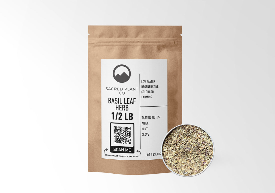 Sacred Plant Co Basil Leaf Herb 1/2 LB in eco-friendly kraft paper packaging, with a sample in a silver tin. Commonly used for culinary purposes, herbal teas, and as a natural remedy to support digestion and respiratory health.